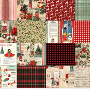 May include: A collage of Christmas-themed scrapbook paper with various patterns and illustrations. Designs include red and white stripes, floral prints, plaid, and images of Santa Claus, angels, and toys. The text "KB AND FRIENDS" and "TOY PLANE" are visible.