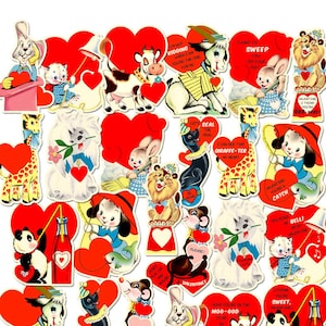Printable Vintage Valentine Animal Cutouts for greeting cards, crafts, junk journals, scrapbooks / 2 sizes, with and without text