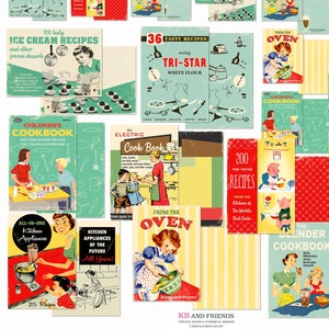 Printable Retro Cookbook Covers in 3 sizes for Junk Journals, Recipe Books, Kitchen & Cooking Crafts / 16 vintage-style digital designs