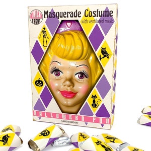 Digital Retro Halloween Princess Box with Candy Wrappers, 5" X 7" X 1.25", to print and assemble for candy, cookies, treats