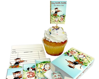Printable "Hey Diddle Diddle" Nursery Rhyme Retro-Style DIY Party kit, including treats box, cupcake topper, candy wrapper, blank card