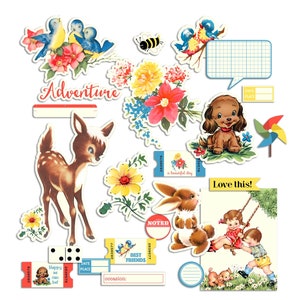 Retro Woodland Animals and Park-themed Digital Die Cuts for use in crafts, scrapbooks, junk journals in PNG and PDF formats image 1