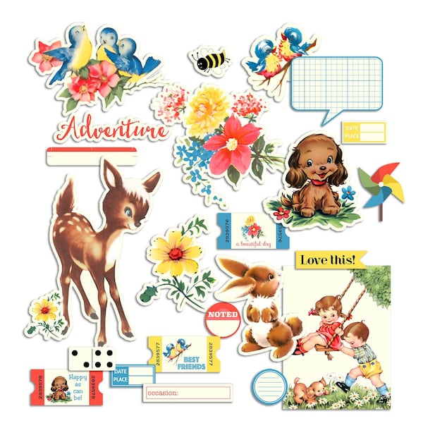 Retro Woodland Animals and Park-themed Digital Die Cuts for use in crafts, scrapbooks, junk journals in PNG and PDF formats