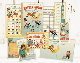 Puede incluir: Colección de efímeras de estilo vintage de rimas infantiles de Mother Goose. Incluye una tarjeta de bingo, una portada de libro y varias ilustraciones con personajes caprichosos y texto. La paleta de colores es suave con una apariencia envejecida.