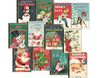 Retro Christmas Digital Book Covers / 12 ephemera cards / gift tags, cupcake toppers, crafts / two sizes / collage sheets, individual JPEGs