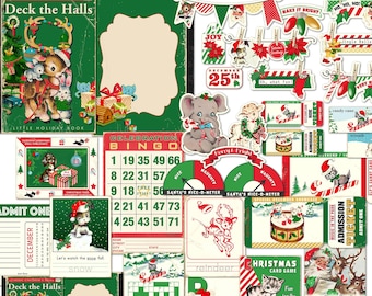 Peut inclure: Un pack de papier numérique de Noël vintage avec des images de rennes, de cannes en sucre, d'un jeu de cartes de Noël, d'un carton de bingo et d'un Santa's Nice-O-Meter. Le pack de papier est en rouge, vert et blanc.