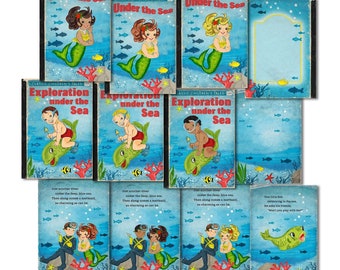 Retro Under the Sea Scrapbook Graphics, Mermaid, Diver (Digital Download)