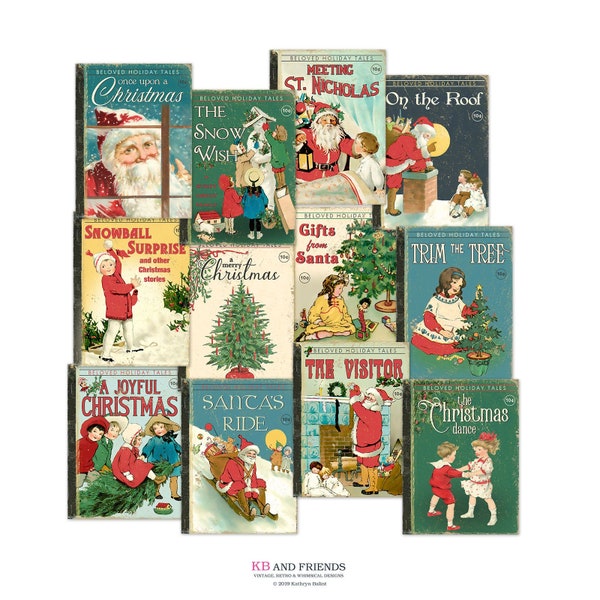 Vintage  Christmas Digital Book Covers / 12 ephemera cards / gift tags, cupcake toppers, crafts / 2 sizes / collage sheet, individual files