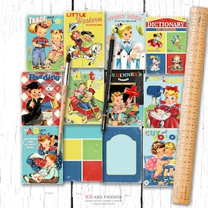 Retro Printable Children's Coloring Book Covers in 3 Sizes for album covers, gift tags, crafts / 10 front covers, 2 mix-and- match backs
