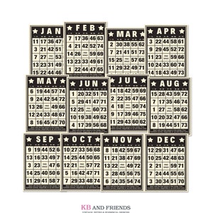 Digital Bingo Cards by Month  / 12 decorative calendar cards  / 5" by 7" and 3" by 4" / PDF,  printable collage sheets, individual JPEGs