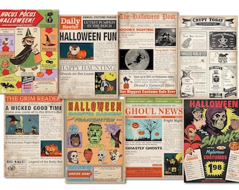 Vintage Style Digital Halloween Newspaper Pages and Advertisements to print for crafts projects /  5 X 7 and 3 X 4  in JPEG and PDF formats