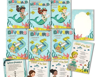 Retro Mermaid and Diver Printable Book Covers, Scrapbook Cards (Digital Download)