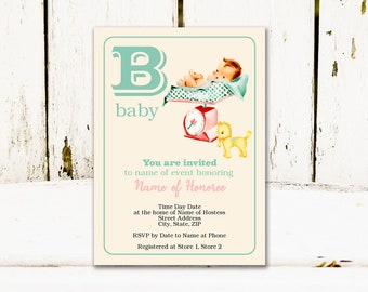 Vintage Style Baby Shower Invitation: Alphabet Flash Card Design, B for Baby (Online Editable Template)
