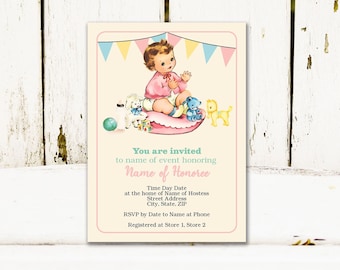 Digital Vintage Baby Girl Invitation for Baby Shower, Announcement, Birthday / personalize your own text with web-based template then print