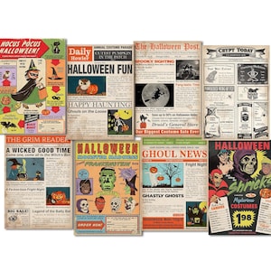 Vintage Style Digital Halloween Newspaper Pages and Advertisements to print for crafts projects /  5 X 7 and 3 X 4  in JPEG and PDF formats