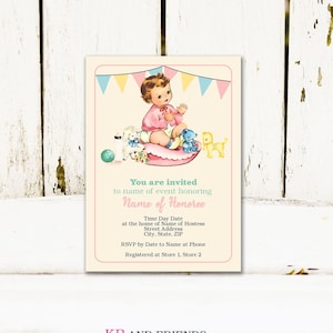 Digital Vintage Baby Girl Invitation for Baby Shower, Announcement, Birthday / personalize your own text with web-based template then print