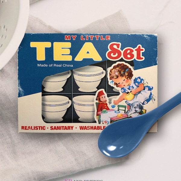 Printable Retro Toy Tea Set Box / 5" X 7" X 1.25" do-it-yourself box for gifts, candy, crafts, diorama / vintage kitchen, cooking, baking