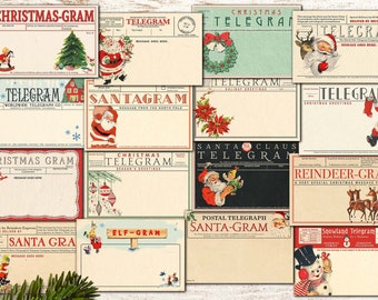 May include: A collection of vintage Christmas-themed telegrams with illustrations of Santa Claus, reindeer, elves, and other holiday imagery. The telegrams are designed to be used as greeting cards or for sending messages during the holiday season.