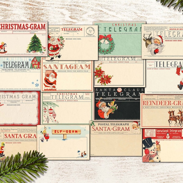 Vintage Printable Blank Christmas Telegrams / 16 ephemera cards, 6" by 4" for gift tags, greeting cards, crafts, scrapbooks, junk journals