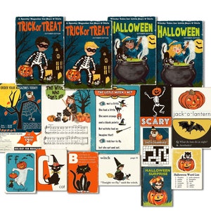 Retro-Style Printable Trick or Treat Halloween Witches, Skeletons & Cats Magazine Covers and Ephemera for Crafts, Scrapbooks / JPEG / PDF
