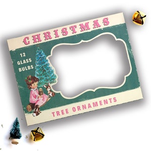 Printable Blue and Pink Vintage Christmas Ornament Box  / digital 5" by 7" by 1.25" box for gifts, crafts, diorama / retro woodlands image