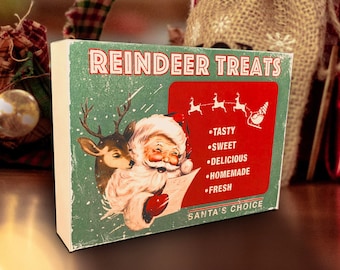 Printable Retro Reindeer & Santa Treats Box / digital 5" by 7" by 1.25" vintage Christmas box template for candy, gifts, crafts, diorama