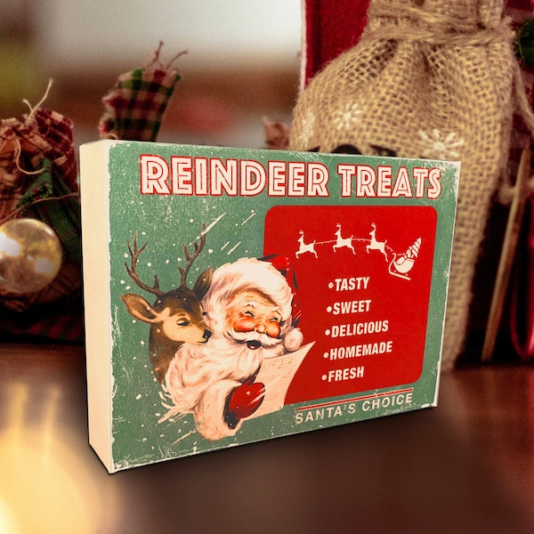 Printable Retro Reindeer & Santa Treats Box / digital 5" by 7" by 1.25" vintage Christmas box template for candy, gifts, crafts, diorama