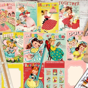 Retro Girl Printable Coloring Book Covers for Junk Journals, Album Covers, Scrapbook Embellishments, Gift Tags /  3 sizes, JPEGs, PDFs