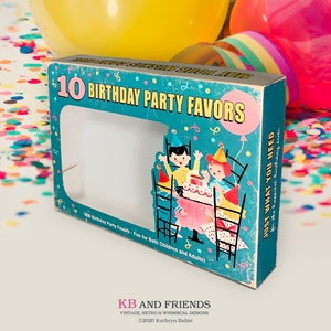 Printable Retro Birthday Party Favors Box / digital 5&quot; by 7&quot; by 1.25&quot; vintage box template for candy, gifts, crafts, diorama, shadowbox