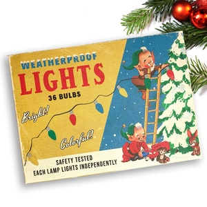 Retro Elf Christmas Tree Lights Box  / printable 5" by 7" by 1.25" box / vintage Christmas gift box, perfect for a small gift or crafts