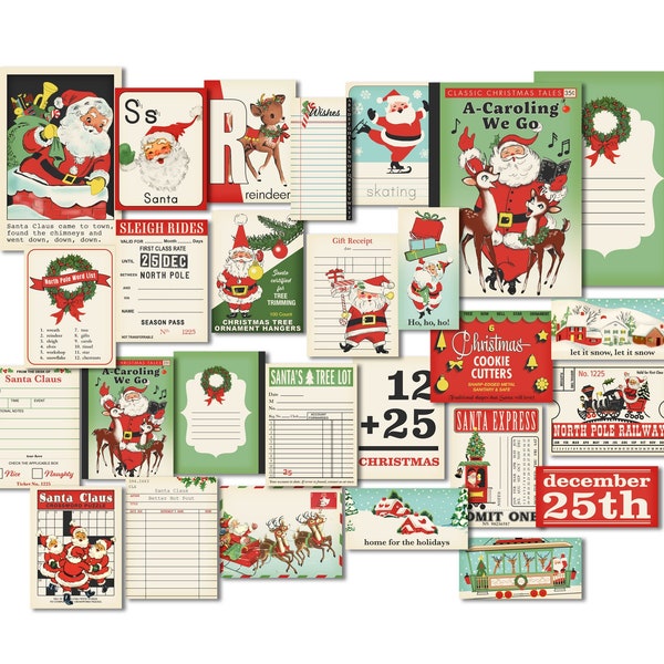 Retro "Santa Express" Printable Ephemera Cards featuring Santa & Reindeer in various sizes for crafts, scrapbooks, journals / PDF and JPEG