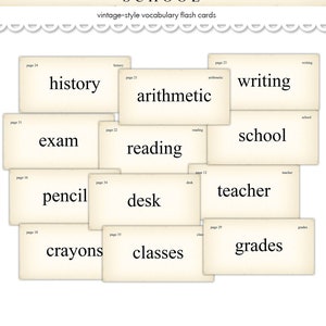 Digital Vintage School Vocabulary Flashcards for junk journals, scrapbooks, crafts / 12 printable education-themed cards in PNG, PDF, JPEG