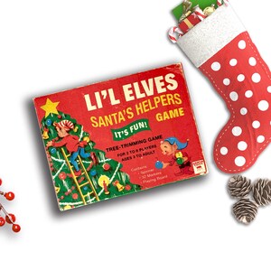 Digital Retro Elves Christmas Game Box  / printable 4" by 3" by 1" box / vintage Christmas gift box, perfect for a gift card / ephemera