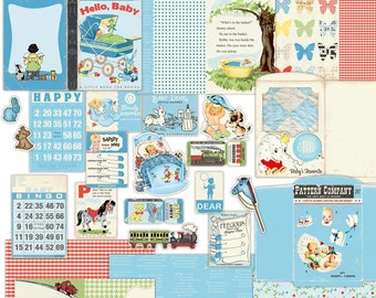 May include: A collection of vintage baby-themed scrapbook paper and digital elements. The papers feature a variety of patterns, including gingham, polka dots, and floral designs. The digital elements include images of babies, toys, and other baby-related items. The colours are predominantly blue, red, and white.