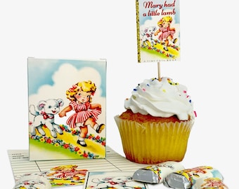Printable "Mary had a Little Lamb" Nursery Rhyme Retro-Style DIY Party kit, including treats box, cupcake topper, candy wrapper, blank card