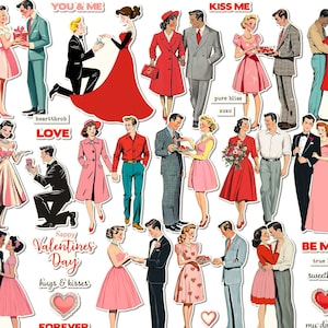 Printable Valentine Sweethearts vintage-style digital cutouts of retro-style men, women, papers, sentiments for journals, scrapbooks, crafts
