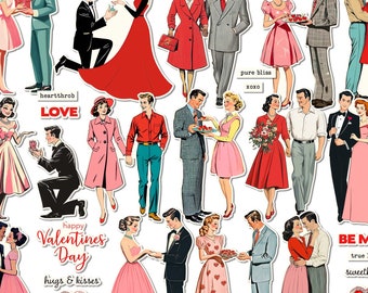 Printable Valentine Sweethearts: Retro Style Couples Cutouts (Digital Download)