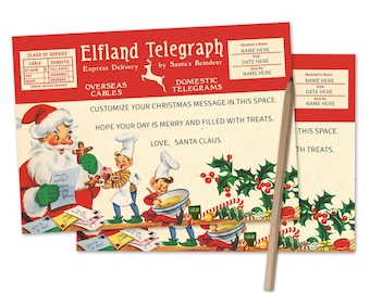 Printable, Editable Santa & Elf Telegram/ 7" by 5" Christmas card / add your own text using editable PDF or JPEG for graphics software /