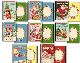 May include: A set of 10 vintage Christmas book covers featuring illustrations of Santa Claus, reindeer, and children. The covers are in various colors, including red, green, blue, and yellow. The text on the covers includes titles such as "Santa's Little Red Train", "A Visit from Santa", "Santa's Eve", "Reindeer to the Rescue", "A Friend for Christmas", "Tom's Sleigh Ride", and "A Treat for Santa".