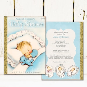 Vintage Style Book Baby Boy Shower Invitation: DIY Blue Storybook Theme (Online Editable Template)