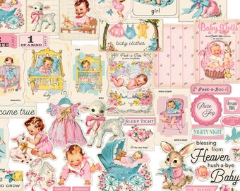 May include: A collection of vintage baby-themed scrapbook paper featuring illustrations of babies, animals, and text such as "The New Arrival", "A Year of Firsts", "Sweet Beginnings", "Baby Dolls", "Peek-a-Boo", "Pure Joy", "Nighty Night", "Blessing from Heaven", "Hush-a-bye Baby", "Oh Baby", and "Baby".