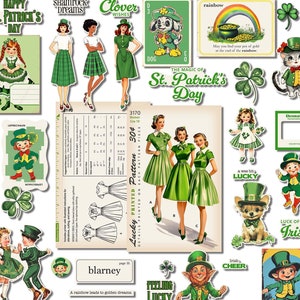 Lucky Clover printable, digital retro-style St. Patrick's Day cutouts, cards and pages for junk journals, scrapbooks, other paper crafts