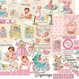 Printable "Peek-a-Boo" Vintage-Style Baby Girl Ephemera, mostly in pink, for cards, scrapbooks, journals, paper crafts, baby albums