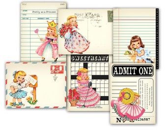 Digital Retro Girl Ephemera – crossword, library card, & mail – to print for crafts, scrapbooks, junk journals / 3" by 4" in PDF and JPEG