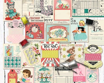 Printable Retro Sewing Ephemera for Junk Journals, Scrapbooks, Crafts / 23 digital designs in two sizes with lace holder, button cards, etc.