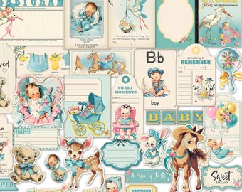 Vintage Style Baby Boy Ephemera: Stork's Visit Printable Scrapbook & Journal Cards (Digital Download)