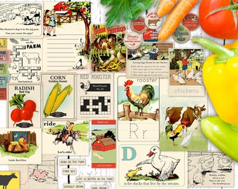May include: A collection of vintage illustrations and graphics with a farm theme. The images include a red rooster, a cow, a duck, chickens, corn, radishes, and a farm boy riding a horse. The text on the images includes "Life is better on the farm", "Down on the farm", "Red Rooster", "Corn Golden Sweet", and "Radish Red Top".