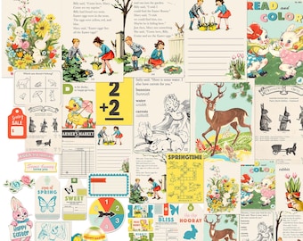 Retro Easter Basket & Spring Digital Ephemera Cards, Junk Journal Pages / vintage rabbit, chicks, ducks, deer, children in various sizes