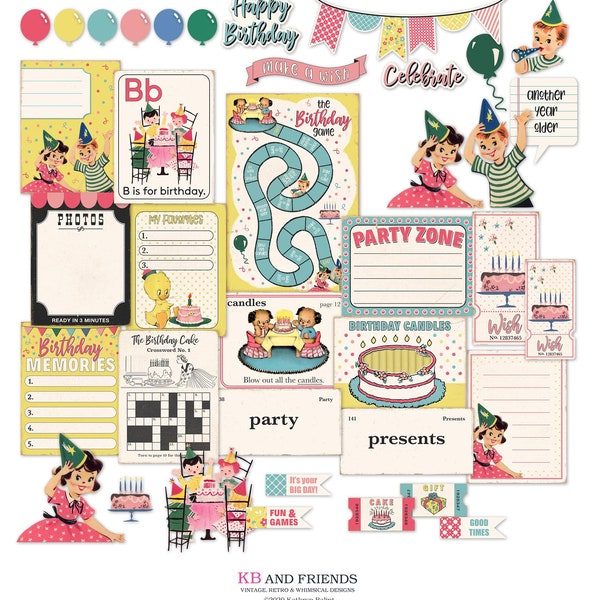 Digital Retro Birthday Party Ephemera for Junk Journals, Scrapbooks, Crafts / vintage cards and cutouts / PDF and PNGS for die-cut machines