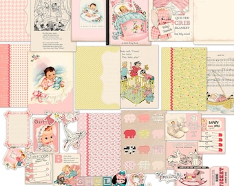 May include: A collection of vintage baby-themed scrapbook paper and stickers in pink, yellow, and white. The paper features patterns such as polka dots, gingham, and floral designs. The stickers include a baby in a cot, a baby bottle, and a rocking horse.